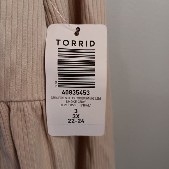 NWT Torrid 3X Smoke Gray Ribbed Lace Trimmed Front Tie Top Blouse - Picture 5 of 7